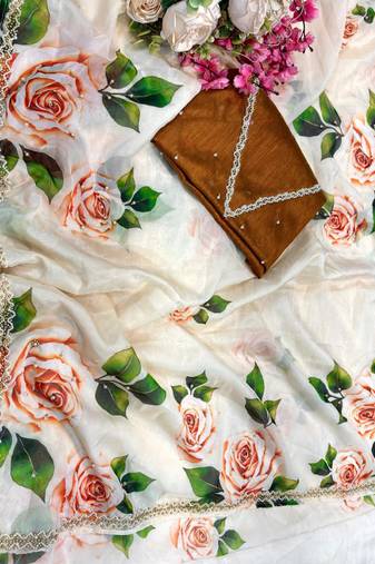 wedding wear tabby silk white floral saree for women hand work