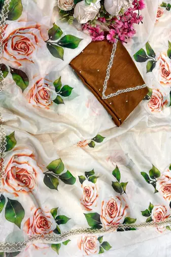 wedding wear tabby silk white floral saree for women hand work