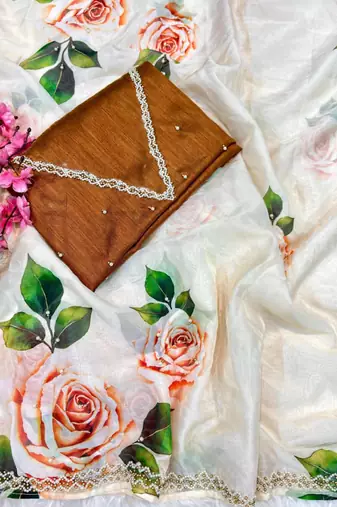  tabby silk white floral saree for women hand work
