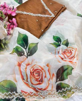 tabby silk white floral saree for women hand work 3