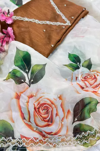  tabby silk white floral saree for women hand work