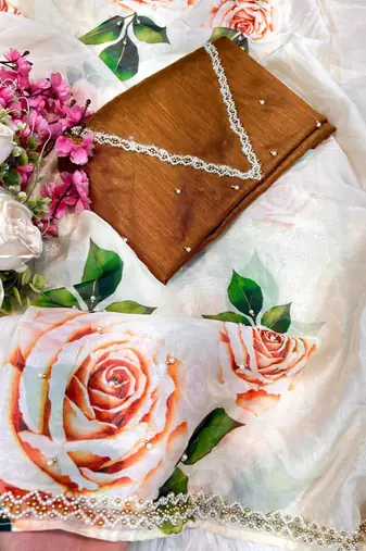  tabby silk white floral saree for women hand work