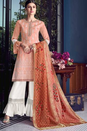Peach Heavy Embroidered Designer Palazzo Suit