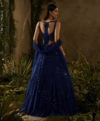 blue embroidered polyester lehenga set 1