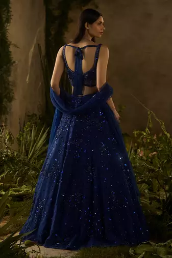 blue embroidered polyester lehenga set