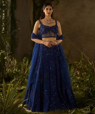blue embroidered polyester lehenga set 3