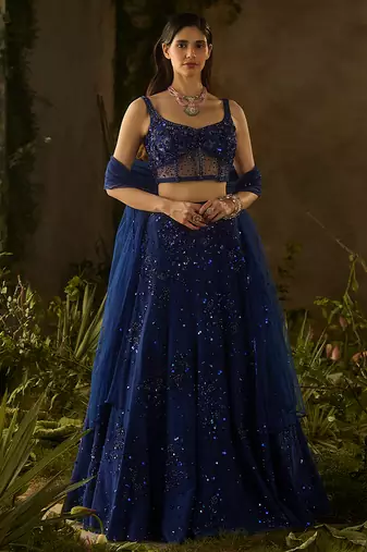 blue embroidered polyester lehenga set