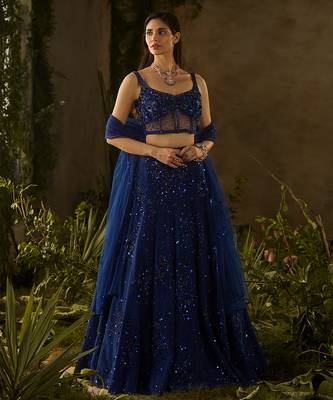 blue embroidered polyester lehenga set 4