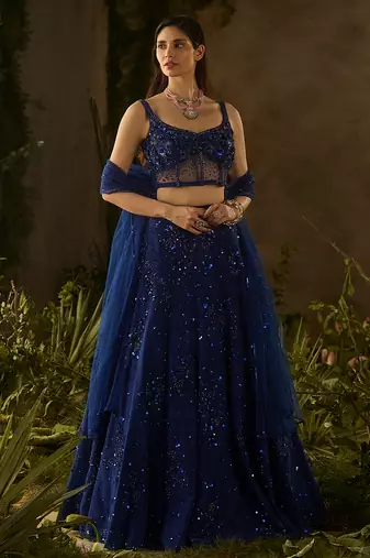 blue embroidered polyester lehenga set