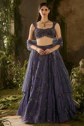 blue embroidered organza lehenga set