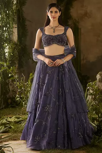 blue embroidered organza lehenga set