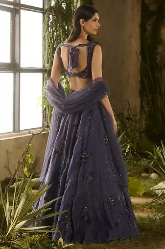 blue embroidered organza lehenga set