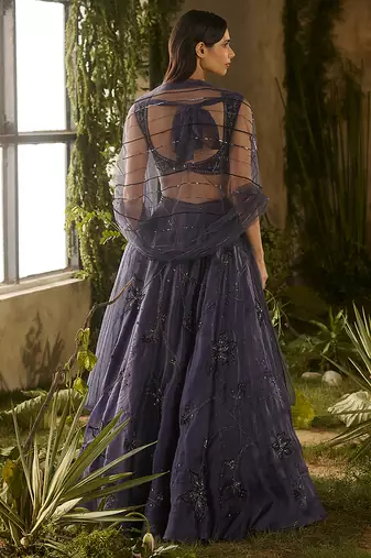 blue embroidered organza lehenga set