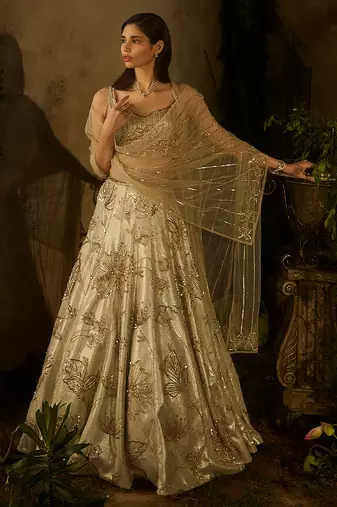 gold embroidered jacquard lehenga set