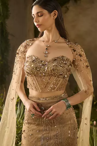 gold embroidered jacquard lehenga set