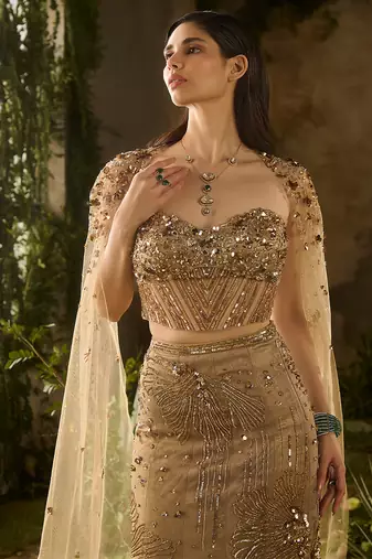 gold embroidered jacquard lehenga set
