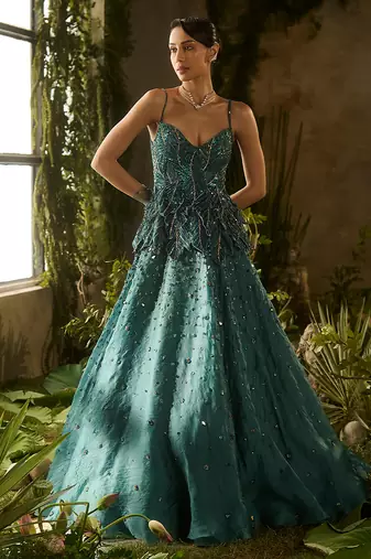 green embroidered organza lehenga set