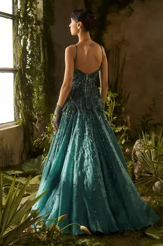 green embroidered organza lehenga set