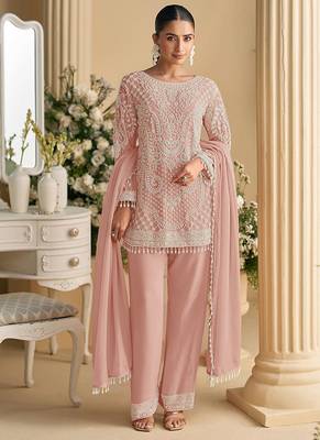 Peach embroidered beads & sequence work heavy georgette festive salwar kameez 1