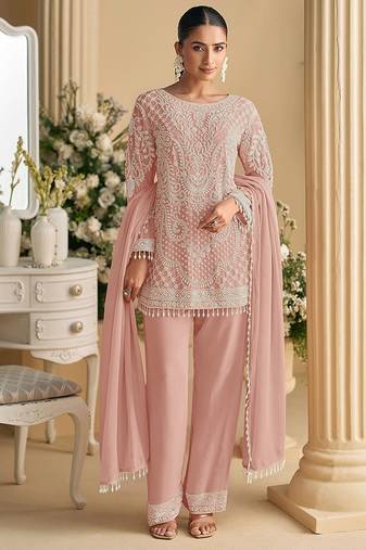 Peach embroidered beads & sequence work heavy georgette festive salwar kameez