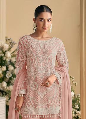Peach embroidered beads & sequence work heavy georgette festive salwar kameez 2