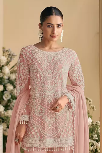 Peach embroidered beads & sequence work heavy georgette festive salwar kameez