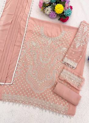 Peach embroidered beads & sequence work heavy georgette festive salwar kameez 3