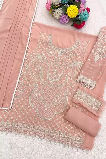 Peach embroidered beads & sequence work heavy georgette festive salwar kameez