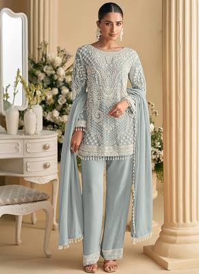 Sky blue embroidered beads & sequence work heavy georgette festive salwar kameez 1