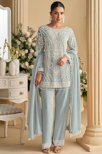 Sky blue embroidered beads & sequence work heavy georgette festive salwar kameez