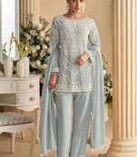 Sky blue embroidered beads & sequence work heavy georgette festive salwar kameez