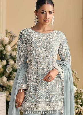 Sky blue embroidered beads & sequence work heavy georgette festive salwar kameez 2