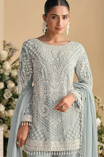 Sky blue embroidered beads & sequence work heavy georgette festive salwar kameez