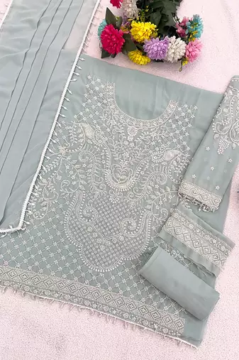 Sky blue embroidered beads & sequence work heavy georgette festive salwar kameez