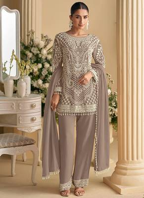 Light brown embroidered beads & sequence work heavy georgette festive salwar kameez 1