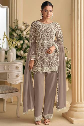 Light brown embroidered beads & sequence work heavy georgette festive salwar kameez