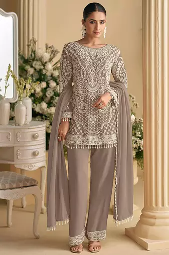Light brown embroidered beads & sequence work heavy georgette festive salwar kameez