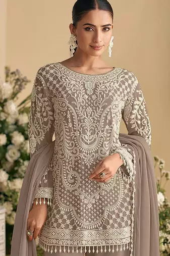 Light brown embroidered beads & sequence work heavy georgette festive salwar kameez
