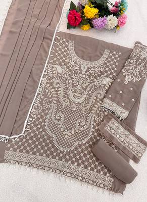 Light brown embroidered beads & sequence work heavy georgette festive salwar kameez 3