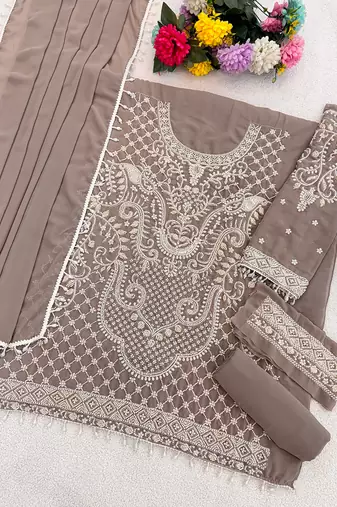 Light brown embroidered beads & sequence work heavy georgette festive salwar kameez