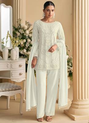 White embroidered beads & sequence work heavy georgette festive salwar kameez 1