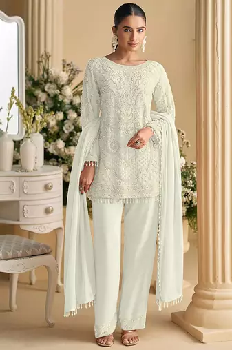 White embroidered beads & sequence work heavy georgette festive salwar kameez