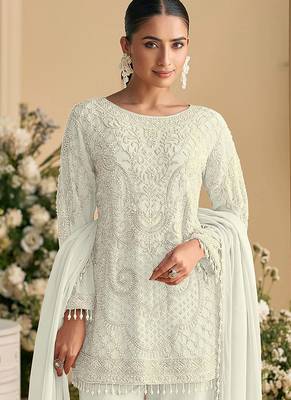 White embroidered beads & sequence work heavy georgette festive salwar kameez 2