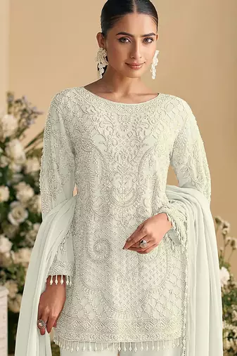 White embroidered beads & sequence work heavy georgette festive salwar kameez