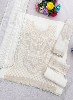 White embroidered beads & sequence work heavy georgette festive salwar kameez 3