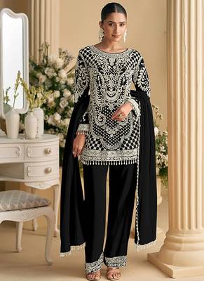 Black embroidered beads & sequence work heavy georgette festive salwar kameez 1