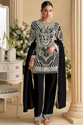 Black embroidered beads & sequence work heavy georgette festive salwar kameez