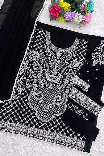 Black embroidered beads & sequence work heavy georgette festive salwar kameez