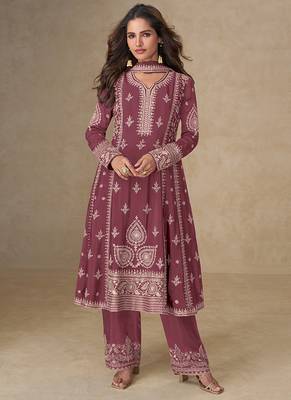 Pink embroidery & sequence work back side full work chinon palazzo suit festive wear 1