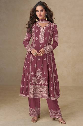 Pink embroidery & sequence work back side full work chinon palazzo suit festive wear
